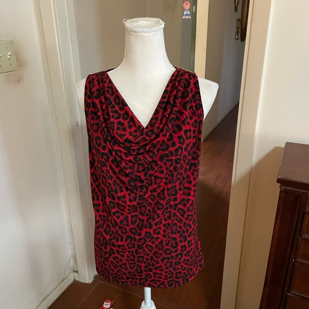 Michael Kors Red Black Animal Print tank top cowl neck SMALL gold bar sleeveless - Picture 7 of 16